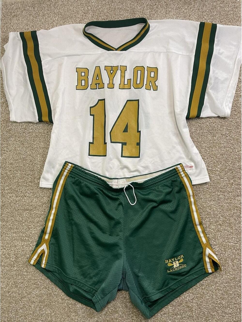 BAYLOR Vintage  Lacrosse Jersey & Shorts Set #14 Green/White Gold Size XL